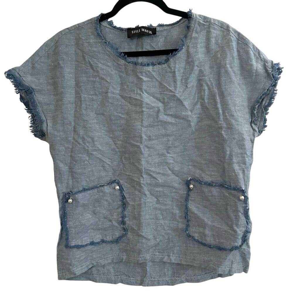 STYLE MAFIA Blue Denim Chambray Raw Hem Apron Pocket Shirt Top - Sz Large